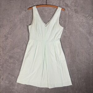 J Crew Seersucker V Neck Fit Flare Dress Size 10 Sage Green White Cottagecore